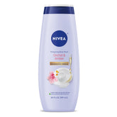 NIVEA Delicate Orchid and Amber body wash bottle on bathroom shelf for hydration.