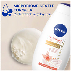 Creamy lather from NIVEA Delicate Orchid and Amber wash in use.