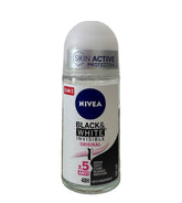 NIVEA Invisible Black and White roll-on shows no white marks on dark fabrics.