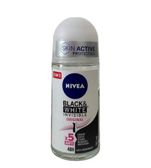 NIVEA Invisible Black and White roll-on shows no white marks on dark fabrics.