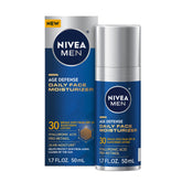 NIVEA MEN Age Defense: botella de 50 ml con SPF 30 para protección diaria de la piel.