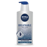 Loción corporal transpirable de NIVEA MEN frente al envase, hidratación duradera para uso diario.