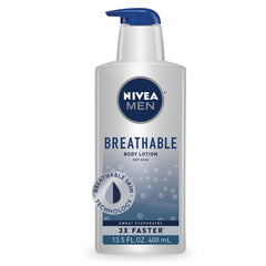Loción corporal transpirable de NIVEA MEN frente al envase, hidratación duradera para uso diario.