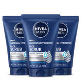 NIVEA MEN Maximum Hydration Scrub tubes shown in a three-pack, convenient for routine use.