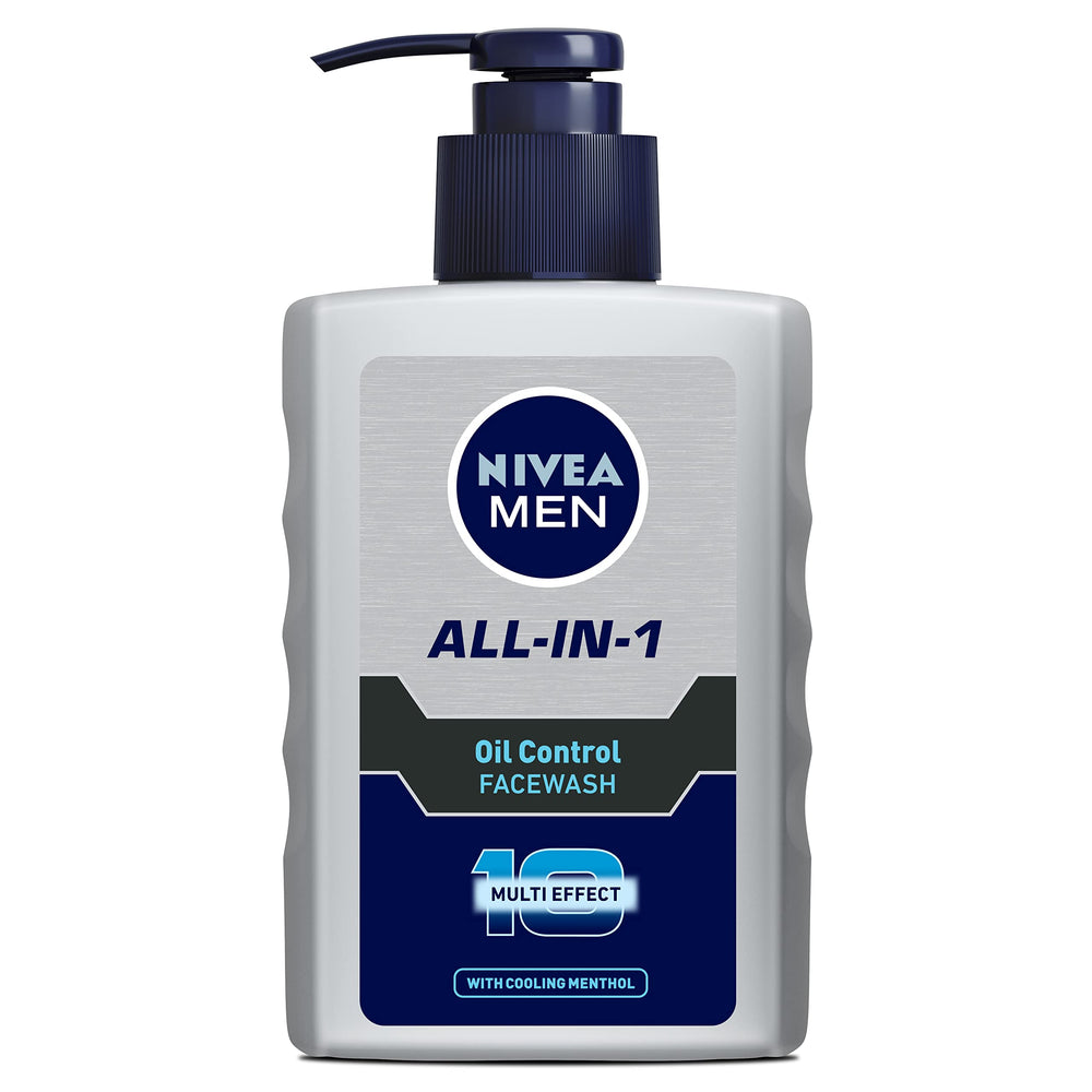 NIVEA Men oil-control all-in-one face wash in pump pack for daily cleansing.