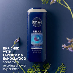 NIVEA MEN Relax 3-in-1 bottle ready for face, body, and hair cleansing