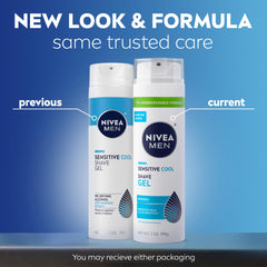 Pack of three NIVEA MEN Sensitive Cool Shave Gel cans with eco-friendly packaging.