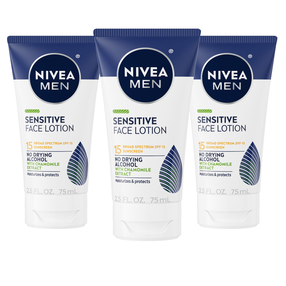 NIVEA MEN Sensitive Face Lotion SPF 15 tube close-up, gentle formula.