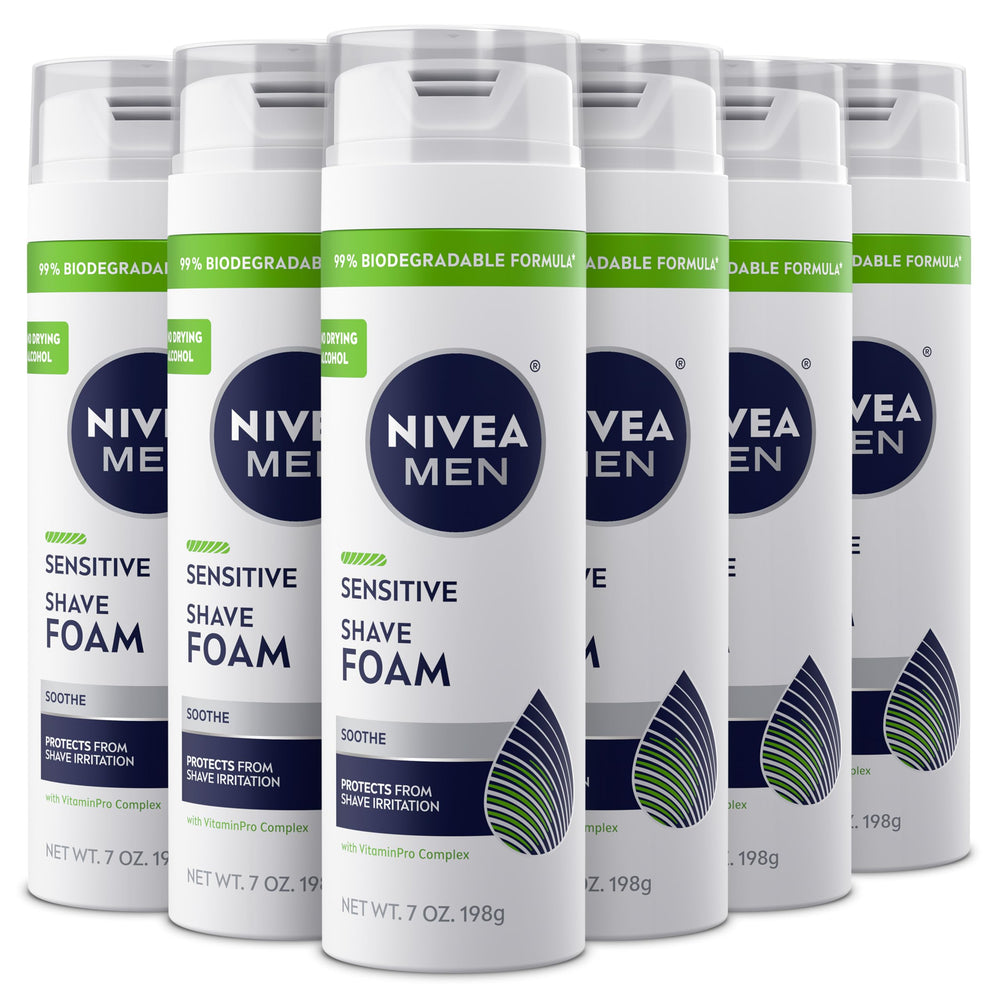 NIVEA MEN Sensitive Shave Foam bottle poured to form a rich lather for sensitive skin.