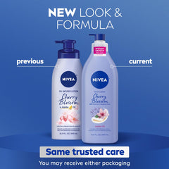 NIVEA Cherry Blossom Lotion in use, showing smooth absorption on the skin