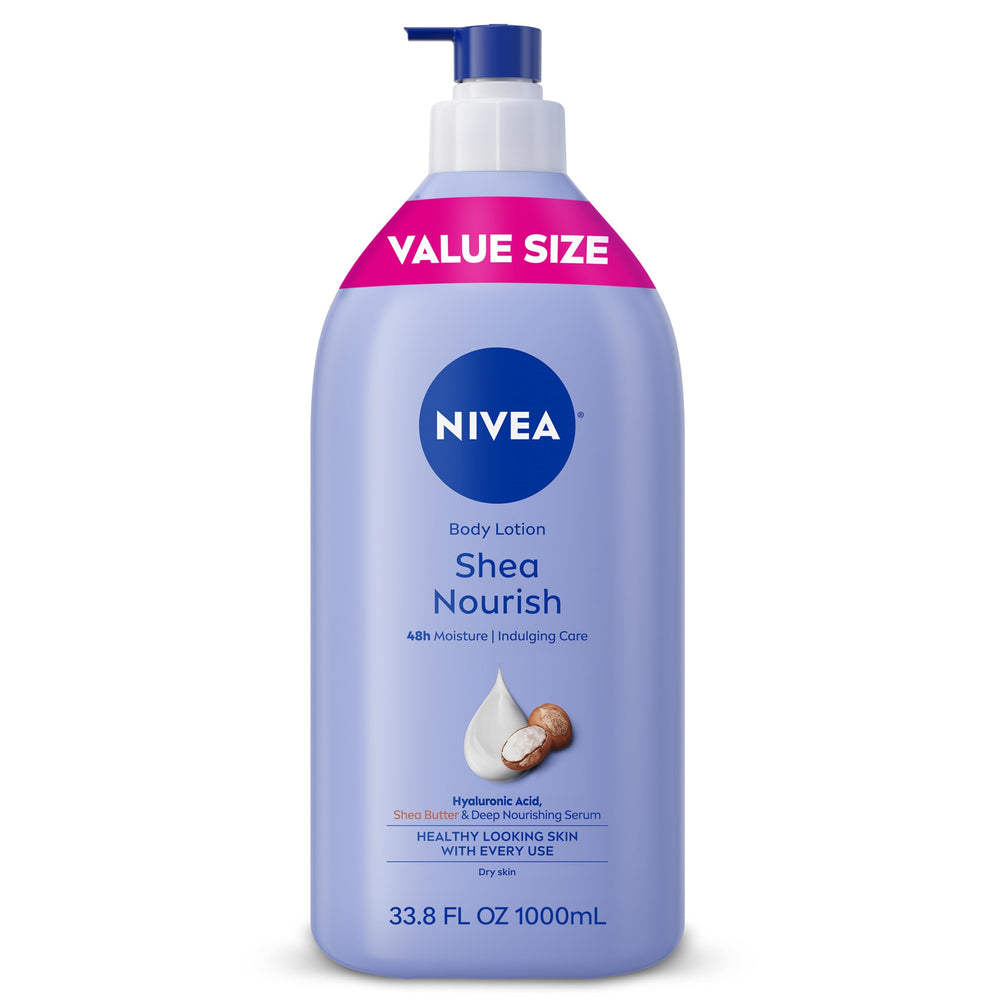 Loción corporal Nutre Shea de NIVEA en envase con bomba facilita la aplicación diaria.