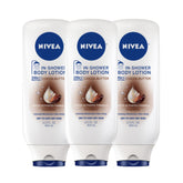 Conjunto de tres botellas de loción de ducha NIVEA con manteca de cacao para hidratación diaria.