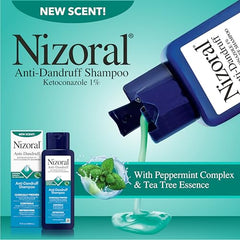 Nizoral ketoconazole 1 percent label closeup highlighting potent dandruff control.