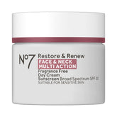Crema No7 Restore & Renew para rostro y cuello con SPF 30, protección diaria.