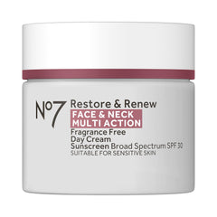 Crema No7 Restore & Renew para rostro y cuello con SPF 30, protección diaria.