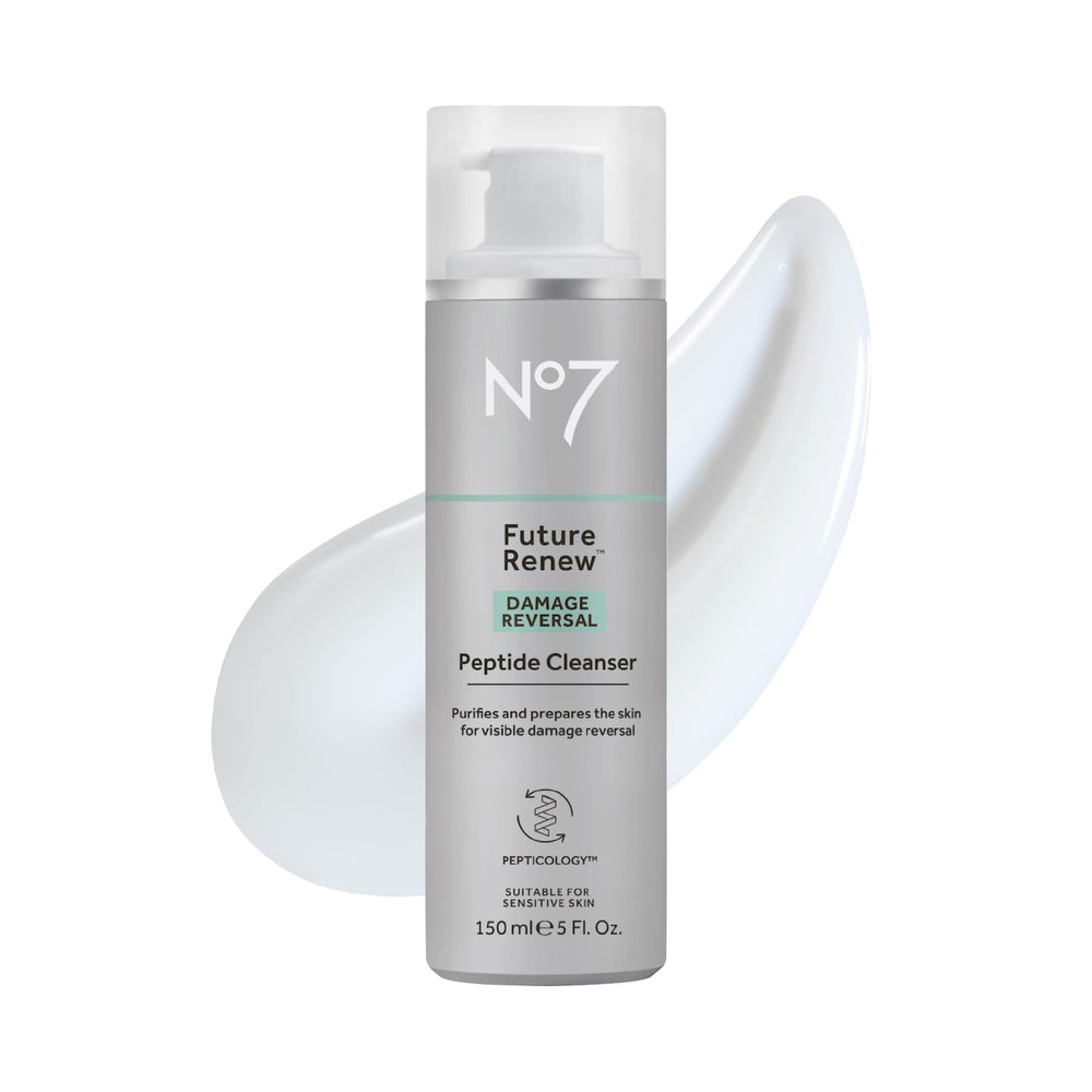 No7 Future Renew peptide cleanser bottle shown for gentle cleansing and skin preparation.