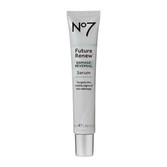 No7 Future Renew serum bottle shown, fast-absorbing formula for daily radiance.