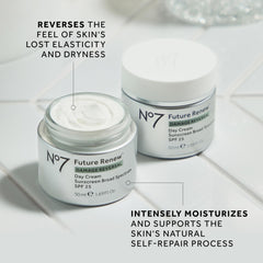 No7 Future Renew cream texture close-up highlights non-greasy finish.