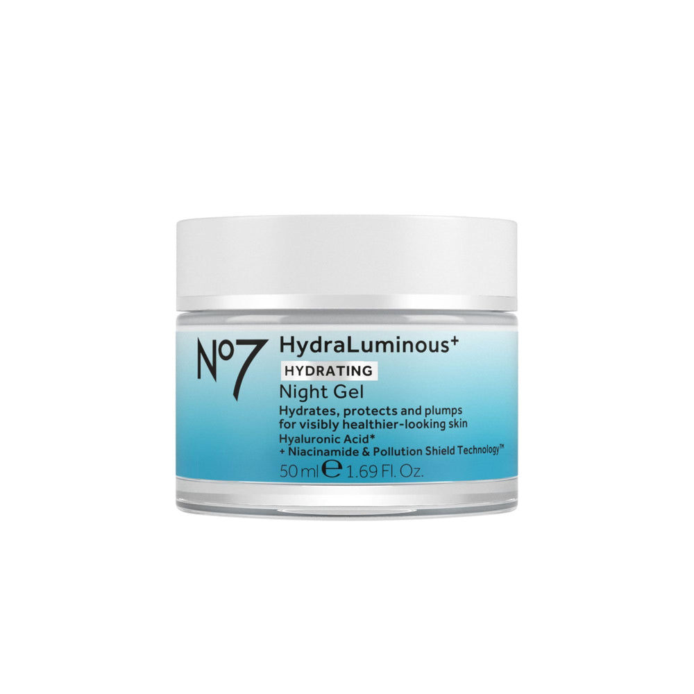 No7 HydraLuminous+ botella-vertido, hidratación nocturna para despertar piel suave.