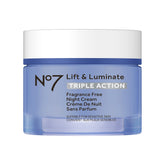 No7 Lift and Luminate night cream tube closeup highlighting creamy texture for radiant mornings