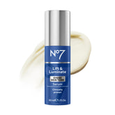 No7 Lift and Luminate serum bottle closeup showing a brightening formula.