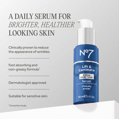 No7 Lift and Luminate serum dropper prepares for precise, hydrated application.