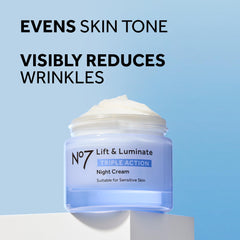 No7 Lift & Luminate night cream texture swirl demonstrates creamy formula for even skin tone.