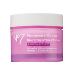 No7 Nourishing Overnight Cream bottle shown for hydrating dry menopausal skin.