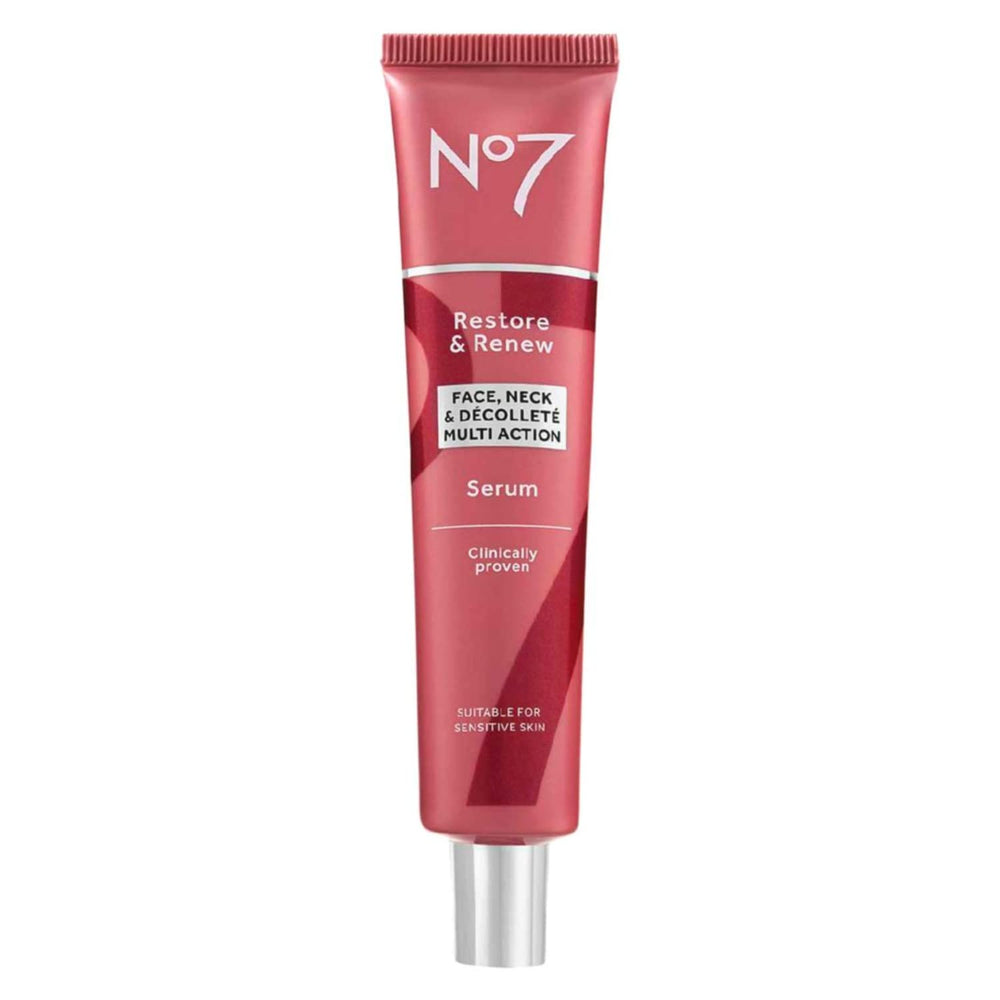 No7 Restore & Renew serum bottle shown for daily anti-aging skincare routine