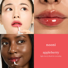 Muestra de color del aceite labial NOONI Appleberry en tono frambuesa.