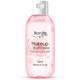 Norate makeup brush cleaner bottle closeup shows clear formula for fast cleansing.
