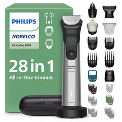 Norelco All-in-One 9000 Series with attachments for beard, hair, nose, and body trimming.