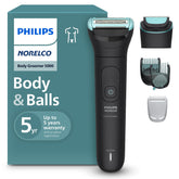 Norelco Body Groomer 5000 dual-head system for versatile body grooming across all zones.