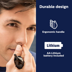 Norelco Nose Trimmer 3000 detail trimmer close-up for precision lines.