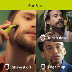 Norelco OneBlade 360 blade flex follows facial contours for smooth trimming.