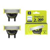 Norelco OneBlade 360 replacement blade pack front view shows durable stainless steel.