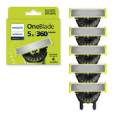 Norelco OneBlade 360 blades pack front view, long-lasting stainless steel replacement.