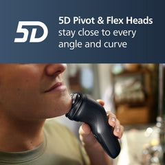 Norelco Shaver 3900 side view, highlighting slim profile for easy handling.