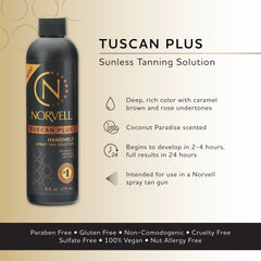 Close-up of spray tan gun applying Norvell Tuscan Plus solution.