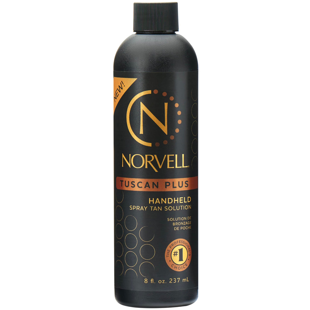 Norvell Tuscan Plus spray tan solution bottle showing professional, even color potential.