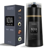 Nova Hair Dye Shampoo bottle applying color to gray hair for quick coverage.
