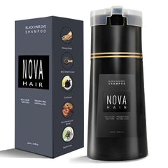 Nova Hair Dye Shampoo bottle applying color to gray hair for quick coverage.