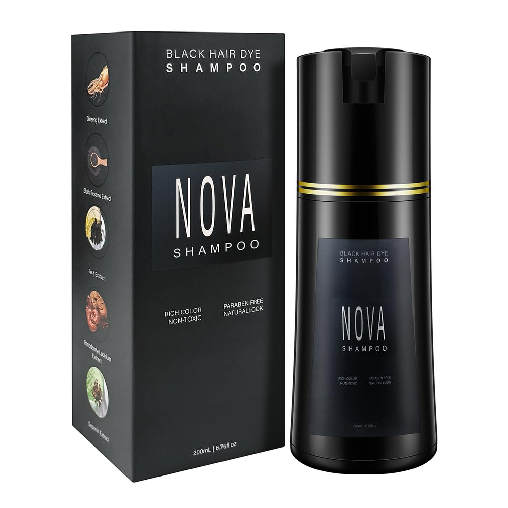 Nova Shampoo 3-in-1 bottle hero demonstrates easy at-home gray coverage.