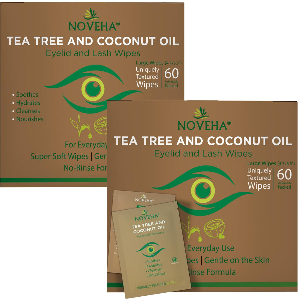 NOVEHA packaging for Tea Tree & Coconut Oil Eyelid Wipes, ready for daily cleansing.