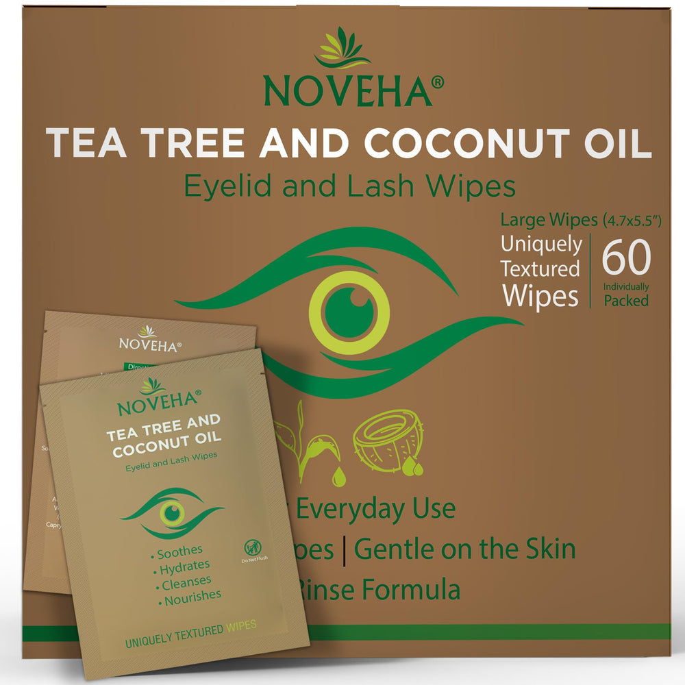 NOVEHA toallitas-ojos-tea-tree-coco-empaque-individual son ideales para limpieza suave diaria.
