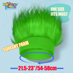 Novelty Place green hairy headband worn on head for bold party styling.
