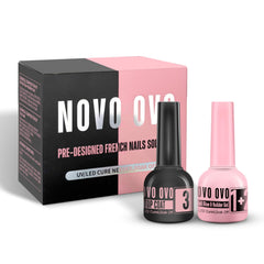 NOVO OVO gel BIAB rosado en botella para pegar tips pre-diseñados.