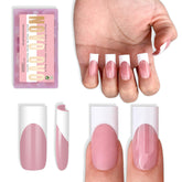 NOVO OVO berry pink French tip nails in a medium sharp square shape for at-home manicures.