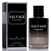 NovoGlow Salvage bottle front displays a bold masculine scent for daily wear.