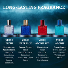 NovoGlow Verse Deep Blue bottle—sensual, woody-aromatic profile for nights out.